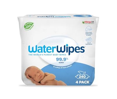 WaterWipes Original Baby Wipes, 240 Count (4 Packs), 99.9% Water-Based Wipes, Unscented, For Sensitive Skin, Packaging May Vary
