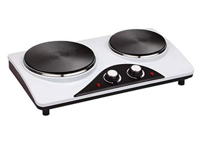 Hornillo doble de placas con control de temperatura, superficie fácil de limpiar, ideal para cocinar en casa o para uso camping.
