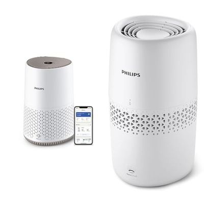 Bundle Philips Purificateur d'Air Séries 600, Ultra-silencieux et économe en énergie, Filtre HEPA, 44m2 + Humidificateur série 2000, NanoCloud, 31m2, Réservoir 2L