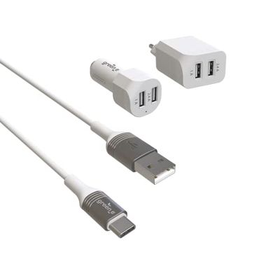 Greene Kit 2USB FASTCHARGE Car + SECTEUR + Cable Type C 1,3M Blanc