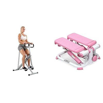 Sunny Health and Fitness Squat Assist Upright Row-N-Ride Rowing Machine, Horse Riding Machine + Exercise Stepping Machine, Portable Mini Stair Stepper for Home or Office