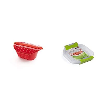 Lékué Ogya Rojo Estuche Vapor, Silicona Platino, 1-2 Personas + Bandeja Para Estuche De Vapor Hondo, Transparente 1-2 Personas, Silicona