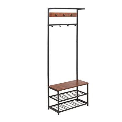 Amazon Basics Portemanteau à 7 crochets avec banc à chaussures et rangement à 3 niveaux, Noir, 70.1 x 33 x 180.3 cm