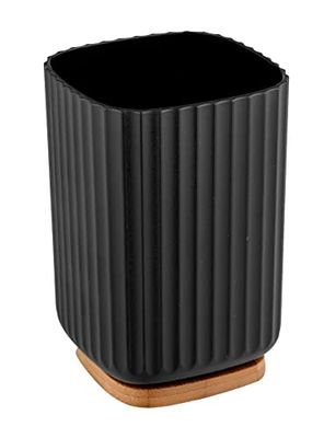WENKO Rotello toothbrush mug, toothbrush for brushing teeth made of plastic and bamboo base, storage space for toothbrushes with easy-grip grooved structure, Ø 8.6 x 11.1 cm, black/natural