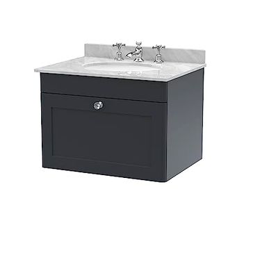 nuie CLC1494GR3 Classique Wall Hung 1 Drawer Unit & 3 Tap Hole Marble Worktop with Round Basin, 600mm, Satin Anthracite/Grey, Soft Black