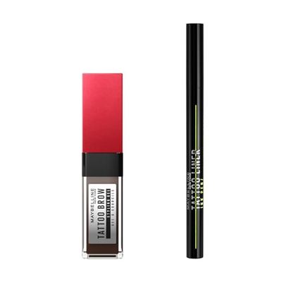 Maybelline New York Kit con Gel Sopracciglia Tattoo Brow 3D Styling Gel 260-DEEP BROWN + Eyeliner Liquido Tattoo Liner Ink Pen Waterproof, Per un Look Intenso e Definito, A Lunga Tenuta