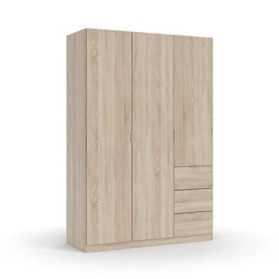 Armoire à 3 portes et 3 tiroirs, armoire de chambre à coucher, finition en couleur chêne canadien, mesures : 135 cm (L) x 200 cm (H) x 52 cm (P)