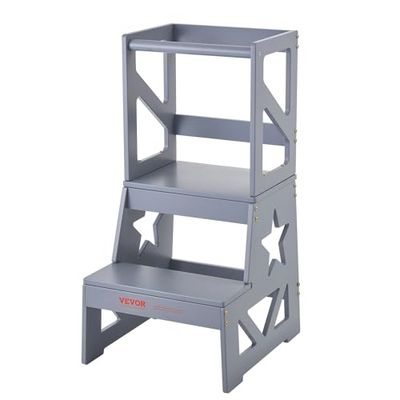 VEVOR Kruk voor kinderen, max. belasting 68 kg, leerladder van hout met veiligheidsleuning, trapladtoren, 864 x 389 x 486 mm, voor kinderkamer, keuken, badkamer, woonkamer, voor kinderen, grijs
