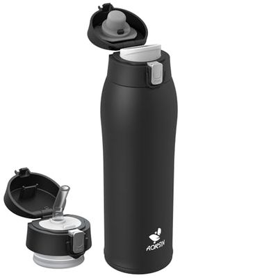 AORIN 18/8 Stainless Steel Water Bottle with 2 Lids, 750ml, Vacuum Insulated Metal Bottle, Leakproof Drinks Bottle, BPA Free, Hot & Cold Compatible, Portable Flask for Gym, Sport, Daily