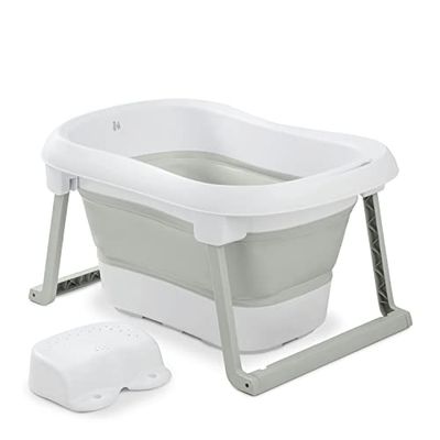 hauck Baignoire Bébé avec Siège Wash N Fold L Baignoire Pliable Bébé jusqu'à 18 kg, Bouchon Change de Couleur à Température Élevée, Bassin de Douche Portable, Drainage Rapide - Blanc Vert