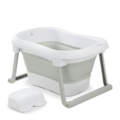 Hauck Baignoire Bébé avec Siège Wash N Fold L Baignoire Pliable Bébé jusqu'à 18 kg, Bouchon Change de Couleur à Température Élevée, Bassin de Douche Portable, Drainage Rapide - Blanc Vert