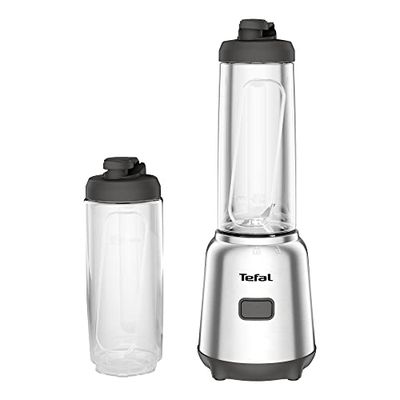 Tefal BL15FD Mix & Move Mini blender 300 W avec 2 bouteilles To-Go en Tritan de qualité supérieure, design compact, facile à nettoyer, lames amovibles, commande à un bouton, argenté/gris