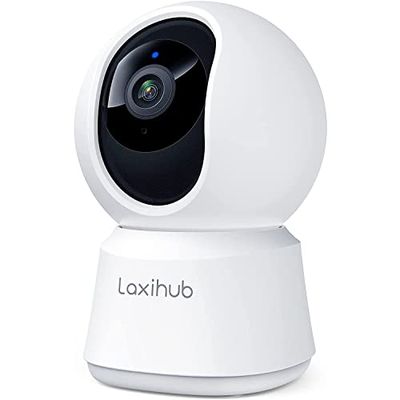 LAXIHUB Pan Tilt Indoor Security Camera, 2 K Full HD Smart Baby Monitor Pet Camera con telefono APP, visione notturna, audio bidirezionale, rilevamento del suono del movimento, funziona con Alexa