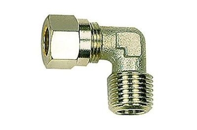 Raccord à visser d'angle R 3/8 A. Diamètre extérieur du tube : 10 mm. Pression de fonctionnement max. : 60 bar. Température maximale : 150 °C. MS vern.