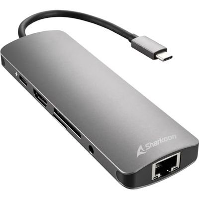 HUB USB SHARKOON 3 x 3.0 Tipo C, RJ45 LEITOR cartões, HDMI cinzento