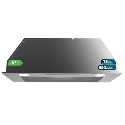 Cecotec Campana Integrable 75cm Bolero Flux IT 755500 Inox A++. Motor 70W, 3 Niveles Potencia, Bajo Consumo, Acabado Inox, Potencia Succión 550m3/h, Táctil, Booster, Luz y Filtro de Carbono