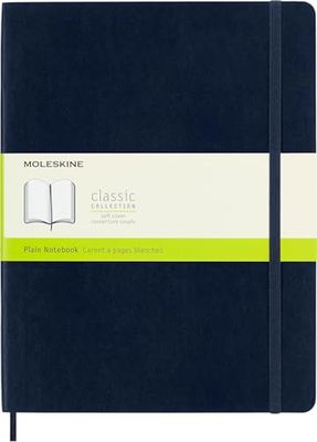Moleskine Classic Plain Paper Notebook - Soft Cover and Elastic Closure Journal - Color Sapphire Blue - X- Large 19 x 25 A4 - 192 Pages