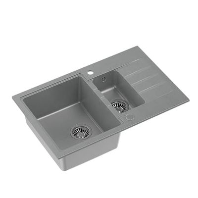 QUADRON Lavello a doppia vasca | dimensioni 78 x 50 x 20 cm, grigio e acciaio | lavello in granito PETER 156 | lavello a doppia vasca Lavello cucina | base da: 60 cm