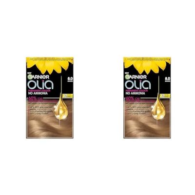 Garnier Olia 8.0 Blonde Permanent Hair Dye, Up to 100% Grey Hair Coverage, Visibly Improved Hair Quality, 3X More Shine, No Ammonia & 60% Oil Powered Formula (Pack of 2)