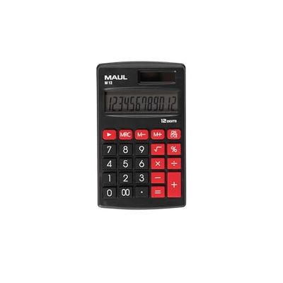 MAUL Zakrekenmachine M12, kleine rekenmachine met 12 cijfers display, standaardfuncties voor kantoor, thuis, school, rekenmachine op zonne-energie met batterijgebruik in het donker, zwart