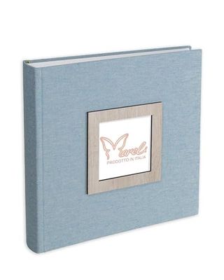 Mareli Álbum de fotos de 31 x 31 cm, 80 páginas con papel de seda, cubierta de tela de lino celeste con portafotos de madera en portada