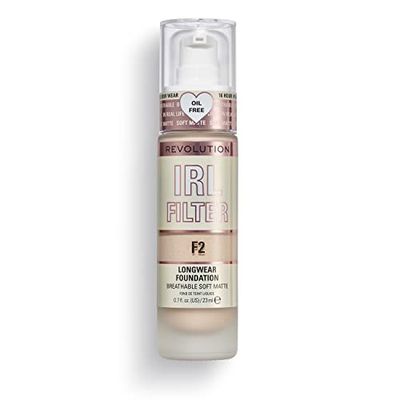 Makeup Revolution, IRL-filter, foundation med lång hållbarhet, medium till full täckförmåga, matt finish, 16 timmars hållbarhet, F2, ljusa till ljusa hudtoner, 23 ml