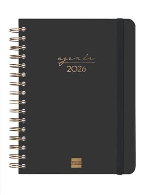 Finocam Spiraalkalender 2026, 1 dag per pagina, januari - december (12 maanden), jaarplanner 2026, met elastiek, dubbele spiraalbinding, hardcover, spiraalbinding, zwart, Catalaans