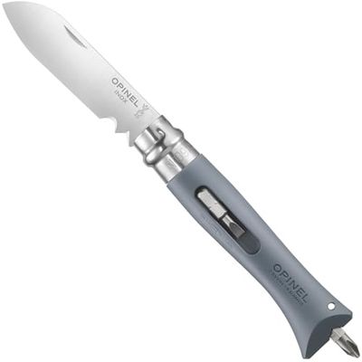 Opinel - N°09 Coltello da Bricolage Grigio - Lama in Acciaio Inossidabile con Cutter per Filo e Spellafili - Manico con 2 Punte di Cacciavite - Anello di Sicurezza Virobloc - Fabbricazione in Francia