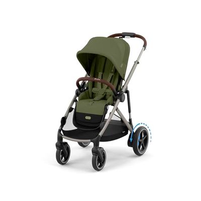 CYBEX Guldfärgad barnvagn e-GAZELLE S, från födseln till ca 4 år, max 22 kg (enkelläge) / 2x 22 kg (duoläge), allt-i-1-system med eldrift och 20+ konfigurationer, Moss Green