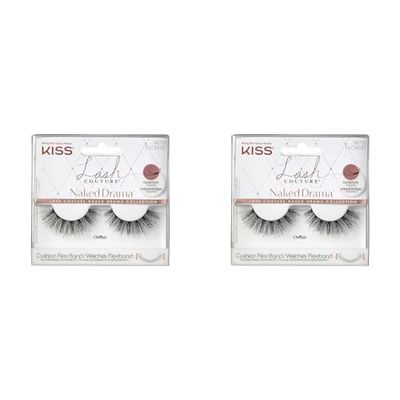 KISS Lash Couture Naked Drama Collection 1 Pair of False Lashes, Chiffon, Full and Fluffy Faux Mink Fake Eyelashes with Cushion Flexi Band includes Lash Glue (Pack of 2)