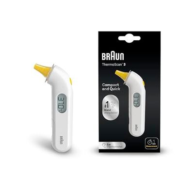 Braun ThermoScan 3 Oorthermometer | Snelle meting in 1 seconde | Koortsindicator met geluid | Digitaal display | Prettig voor baby's en kinderen | Merk 1 bij artsen(1) | IRT3030