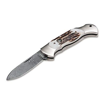 Böker Manufaktur Solingen Scout Spearpoint Hertshoorn damast zakmes voor volwassenen, uniseks, zilver, 18,2 cm