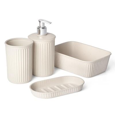 TATAY Set de 4pcs Sobremesa de baño (Vaso + Dispensador de jabón + Jabonera + Organizador A6) Baobab ECOHOME, de Polipropileno, Libre de BPA, Plástico 100% Reciclado, Beige