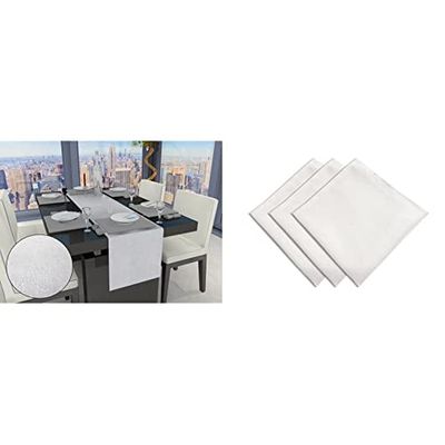 Soleil d'Ocre Chemin de Table + Lot de 3 Serviettes de Table Blanc