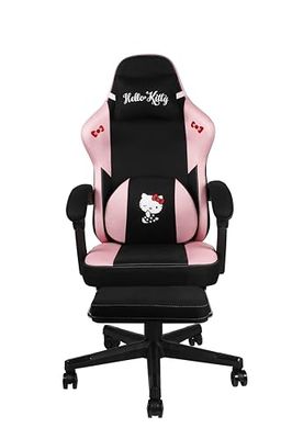 Konix Hello Kitty Gaming-bureaustoel, zithoek 150 graden, frame van hout en metaal, kussens, voetensteun, zwart en roze