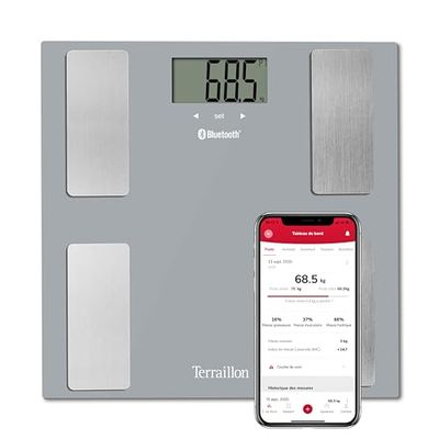 TERRAILLON - Smart Connected Personenweegschaal - IMC - 8 gebruikers - Bluetooth Low Energy - Capaciteit 160 kg - Grijs