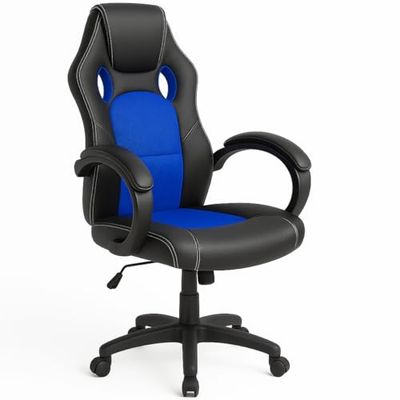 BAKAJI - Krzesło biurowe, sportowe z 4 kołami, obrotowe do 360°, model Racer Gaming, w stylu luksusowym, ze sztucznej skóry i tkaniny, kolor niebieski