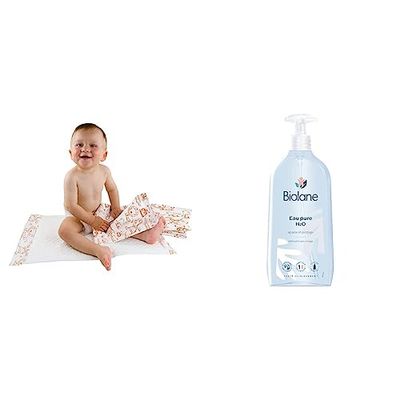 Teqler T-820500 Alèses jetables pour table à langer & BIOLANE - Eau Pure H2O - Nouveau Packaging - Nettoyant Pour Le Visage, Corps Et Siège Du Bébé - Sans rinçage - 1 flacons-pompe 750ml