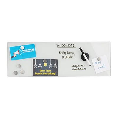 Relaxdays Whiteboard, Lavagna Magnetica in Vetro Cancellabile, Casa & Ufficio, con Magneti & Pennarello, 20 x 60, Bianca