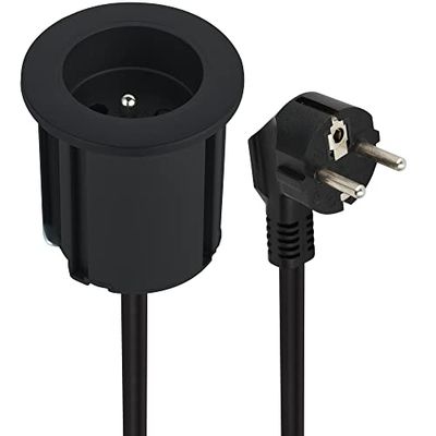 Electraline 35457 stekkerdoos, compact, met 1 stopcontact, 16 A, voor bureau/tafel, 54 mm diameter of 60 mm standaard met adapter (meegeleverd), eenvoudig te installeren, verlengkabel 2 m