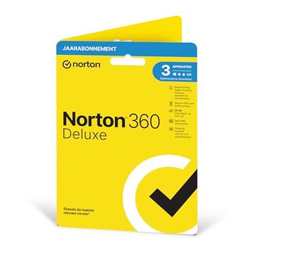 Norton 360 Deluxe 2024, antivirussoftware, internetbeveiliging, 3 Apparaten, 1 Jaar, Secure VPN en Password Manager, PCs, Macs, tablets en smartphones, envelop, past in de brievenbus