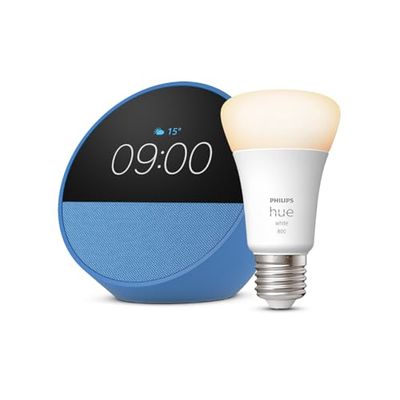 Echo Spot | Blu + Philips Hue White Lampadina LED Smart (E27), compatibile con Alexa - Kit di base per Casa Intelligente