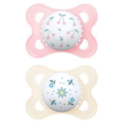 MAM Chupeta, 2-6 meses, com étina simétrica, plana e flexível de silicone Skin Soft Silicone de fácil aceitação, com caixa auto-esterilizadora, MAM original, rosa brilhante, pack de 2 unidades, dia