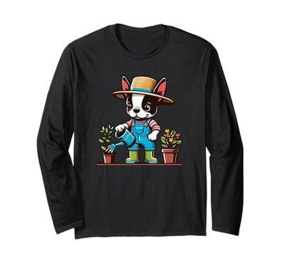 Boston Terrier Irrigazione Piante Giardinaggio Amante dei cani Maglia a Manica