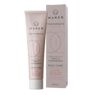 Waken, Strawberry Fluoride Toothpaste, Helps protect against cavities and reduce plaque, No Artificial Colours, Sustainable Packaging, Recycled Aluminium Tube, Vegan Toothpaste, 75ml