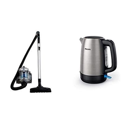 Amazon Basics Aspirateur cylindrique sans sac, 1,5L, 700 W [classe énergétique A] & Philips HD9350 / 90 bouilloire (2200 watts, 1,7 litres, en acier inoxydable)