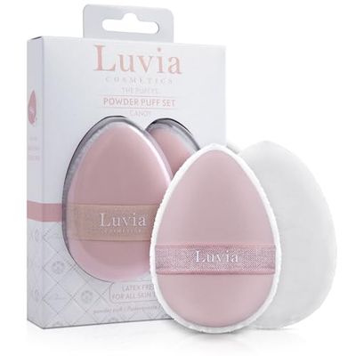 Luvia Puff Puff Set Candy – 2 dwustronne frędzle do pudru, puffy do makijażu z dwustronną gumową taśmą, idealne do płynnych i pudrowych tekstur, frędzle kosmetyczne w kolorze białym i różowym, dla