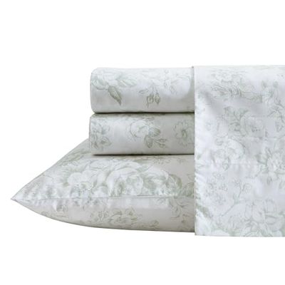 Laura Ashley Lakan i queen size-storlek, sängkläder i percale-bomull, blommigt tryck, sovsalsnödvändighet, grönt (Toile Delight Green)