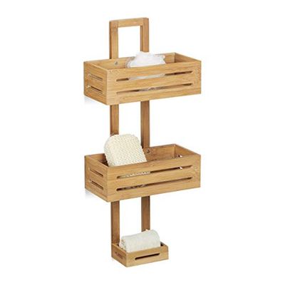 Relaxdays doucherek bamboe, H x B x D: ca. 65 x 28 x 1,5 cm, met 3 bakjes, voor in badkamer, natuur