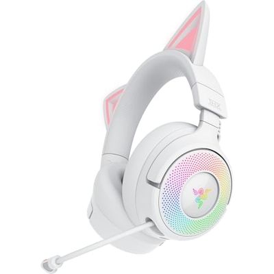 Razer Kraken Kitty V3 Pro - Casque Gaming sans Fil RGB Kitty - Oreilles de Chat réactives pour Le Streaming - Membrane Triforce 40 mm, Hyperspeed Wireless et Bluetooth, THX Spatial Audio | Blanc